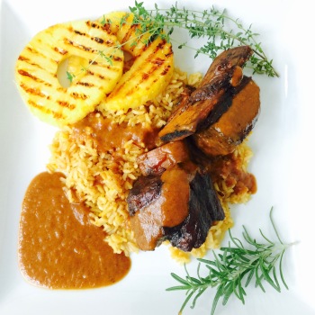 Braised Island Short Ribs with Grilled Pineapple and Yellow Rice